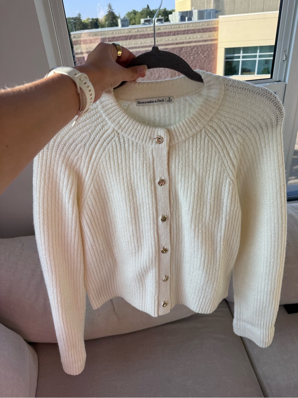 Abercrombie & Fitch Cream Ribbed Button-Front Cardigan - Picture 3 of 3